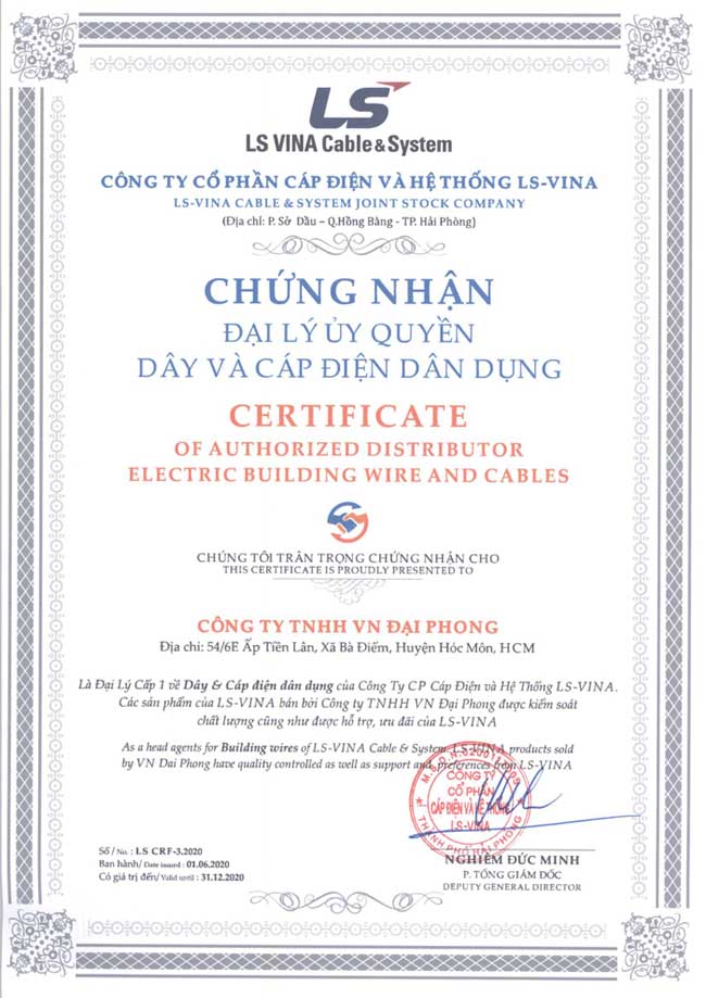 Chứng Nhận Đại Lý Dây Cáp Điện LS VINA Chính Hãng