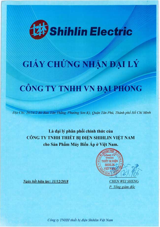 Giấy Chứng Nhận Phân Phối Máy Biến Áp SHIHLIN