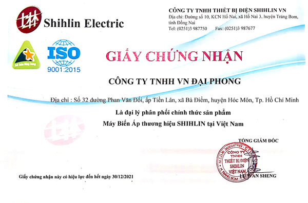 Giấy Chứng Nhận Đại Lý Phân Phối Máy Biến Áp Shihlin 2021