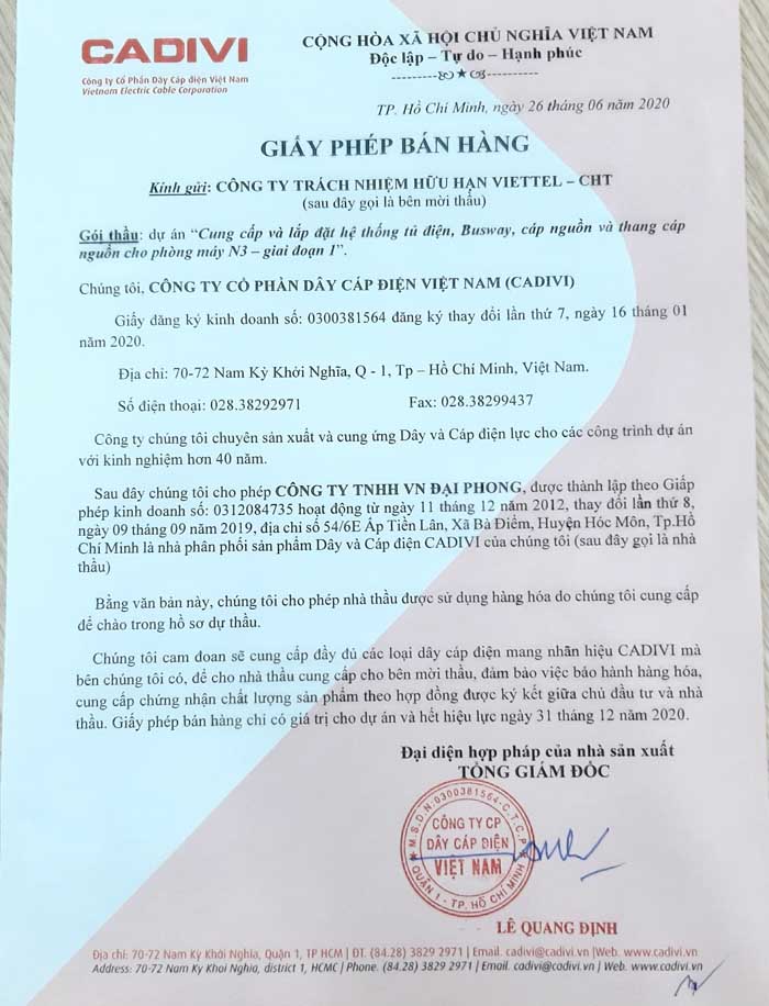Giấy Chứng Nhận Phân Phối Cáp CADIVI cho VIETTEL