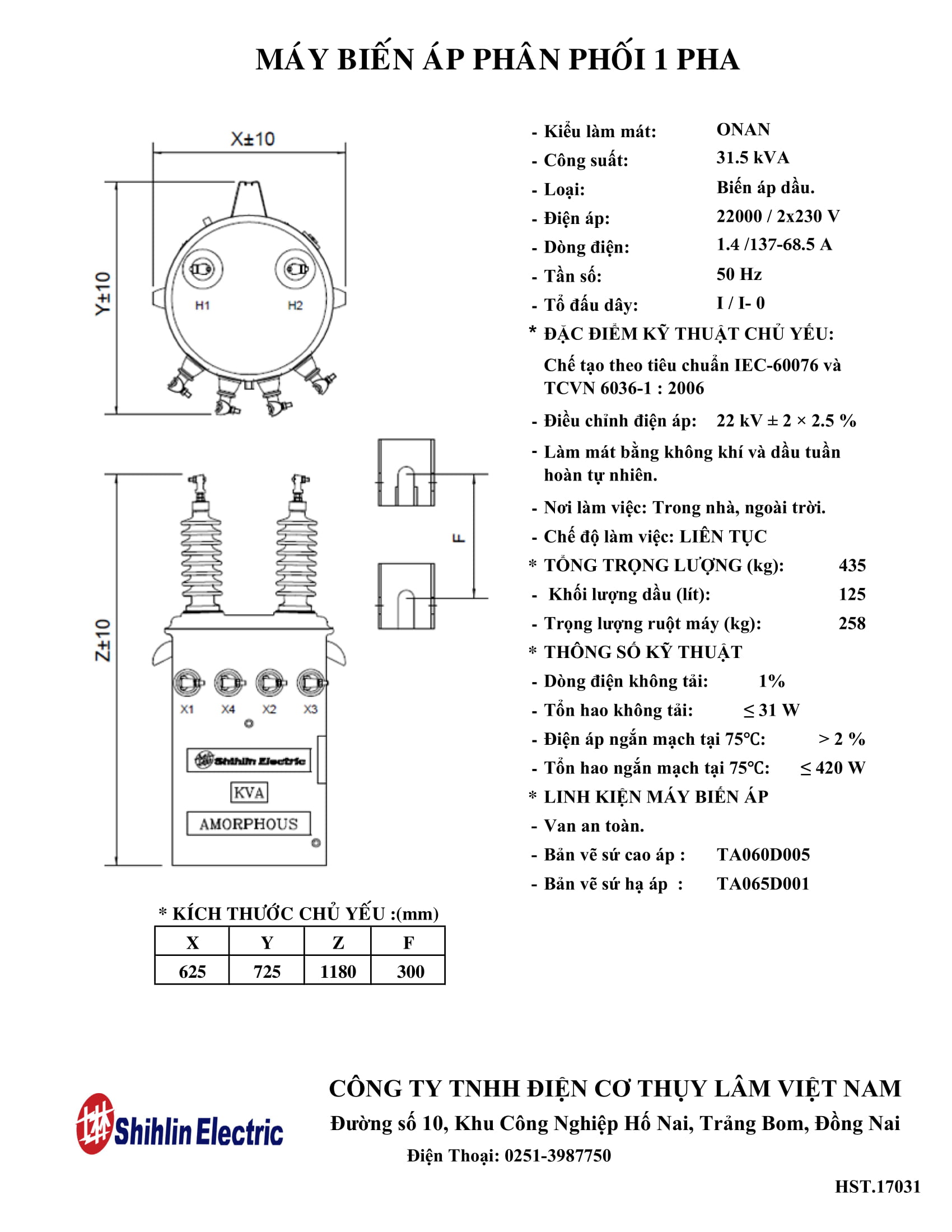 Thông Số Kỹ Thuật Máy Biến Áp 1 Pha 2 Sứ 31.5kVA 22/0.23KV - SHIHLIN