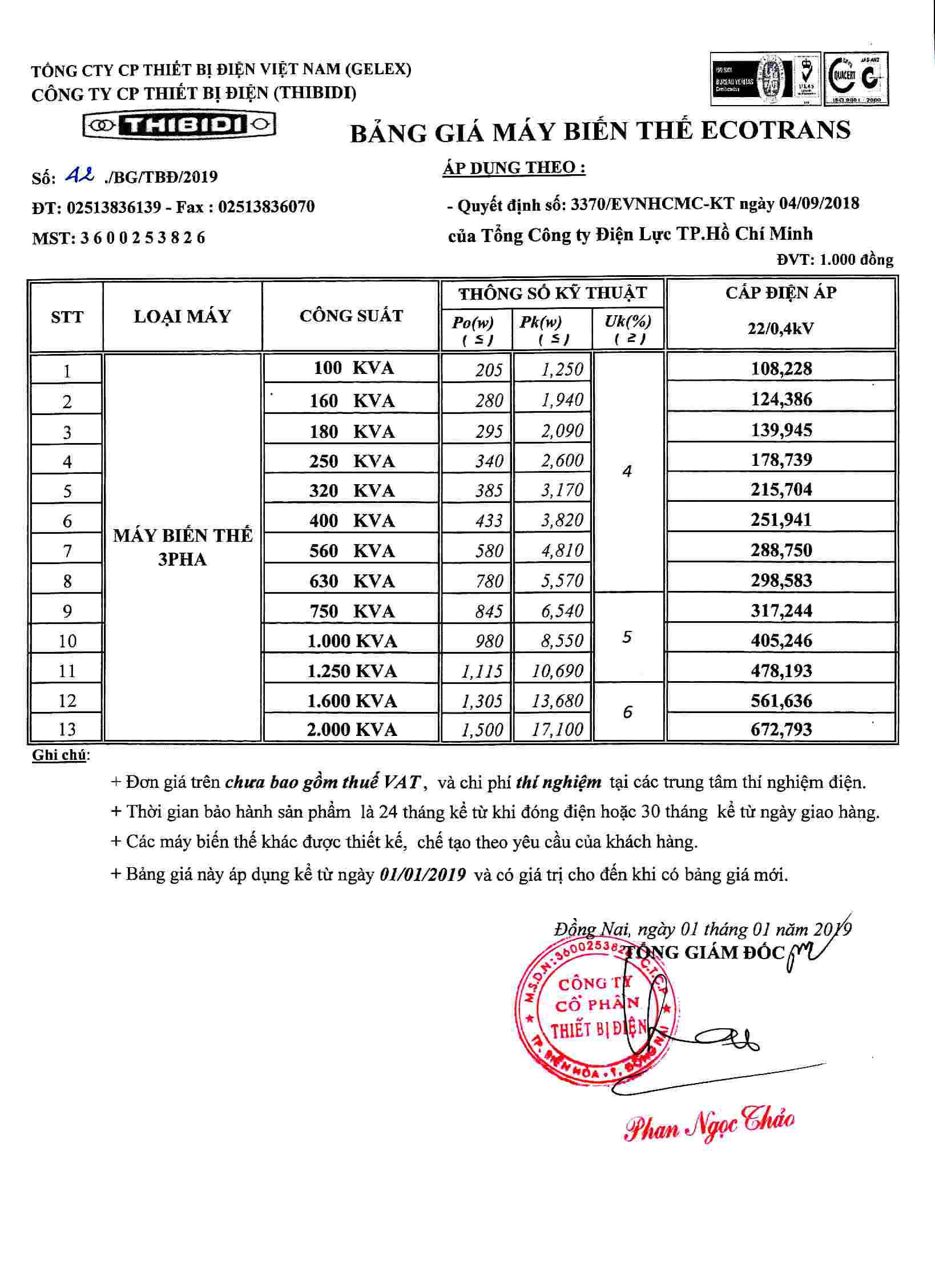Bảng giá Máy biến áp THIBIDI tiêu chuẩn điện lực tp.hcm