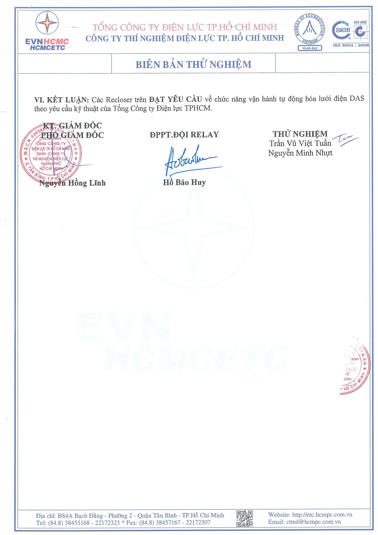 Biển bảng thí nghiệm Recloser Entec Korea 630 27kV - Quatest 3